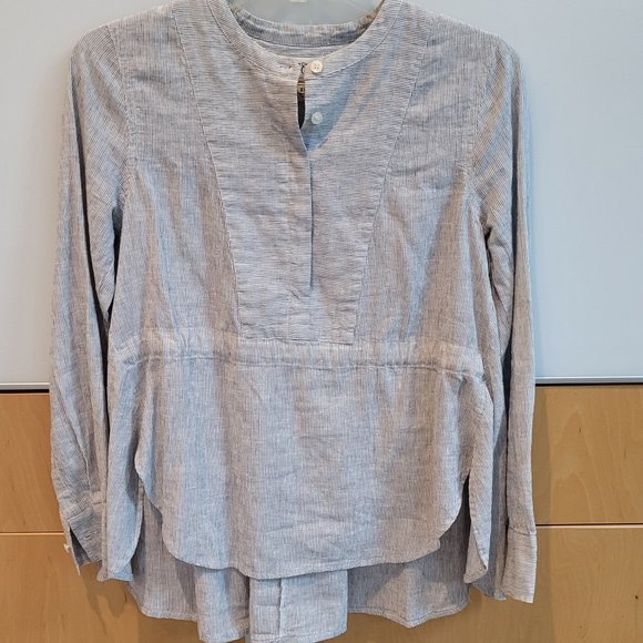 J. Crew Gathered Front Linen and Cotton  Grey Pin Stripe Popover Shirt - Picture 5 of 8